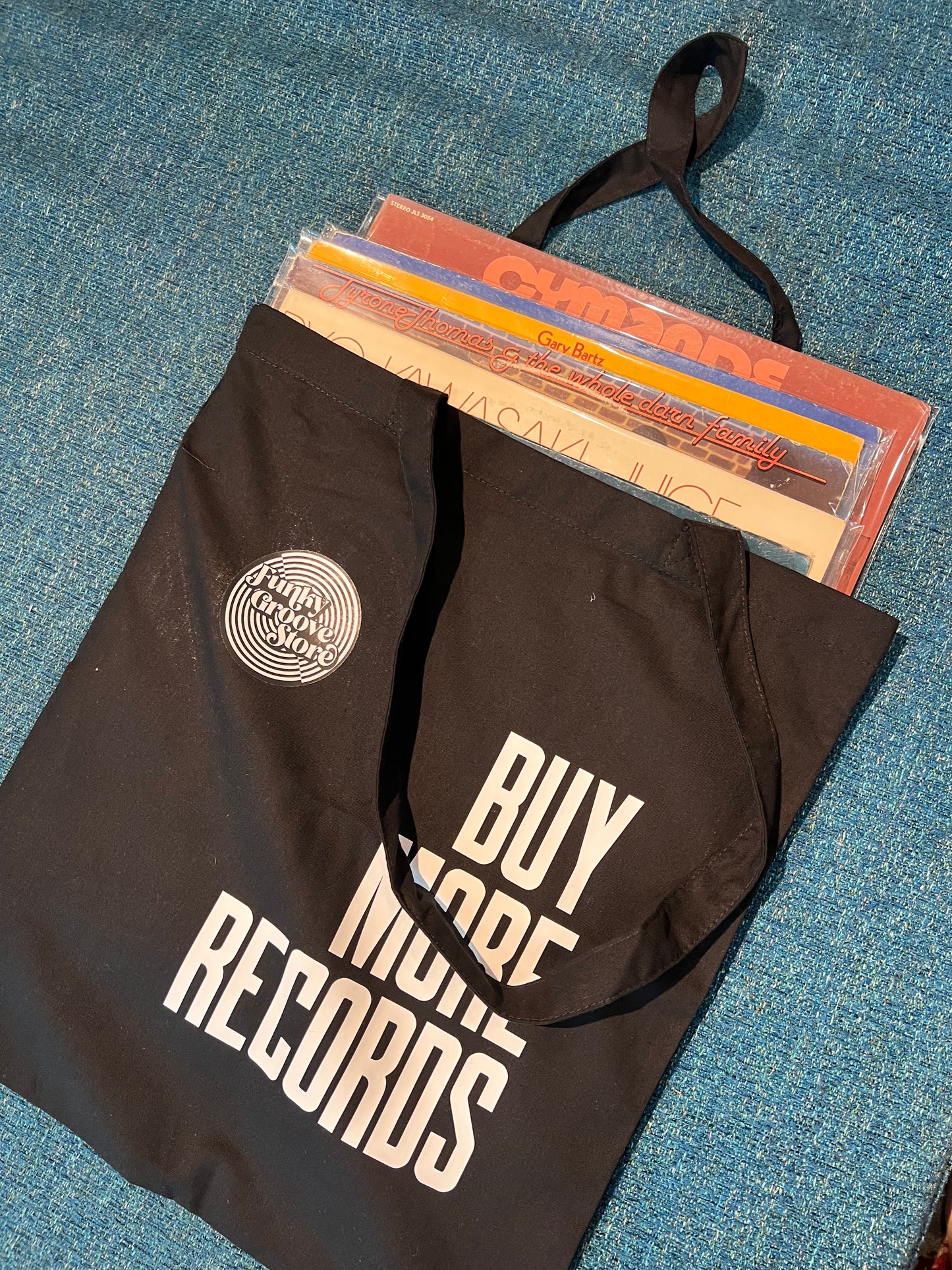 🌀 Funky Groove Store “BUY MORE RECORDS” Tote Bag – Organic Cotton Vinyl Carrier