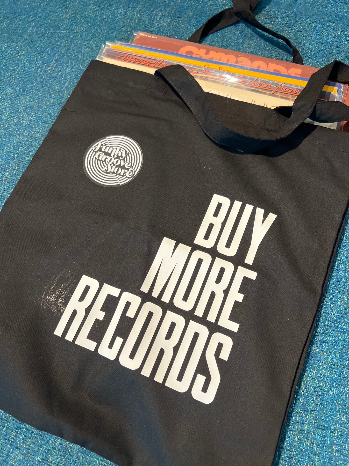 🌀 Funky Groove Store “BUY MORE RECORDS” Tote Bag – Organic Cotton Vinyl Carrier