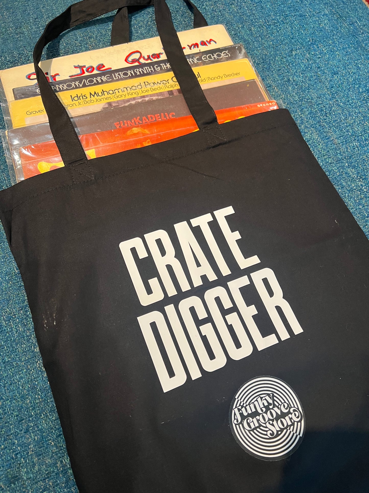 🌀 Funky Groove Store “CRATE DIGGER” Tote – Organic Cotton Bag for Vinyl Hunters