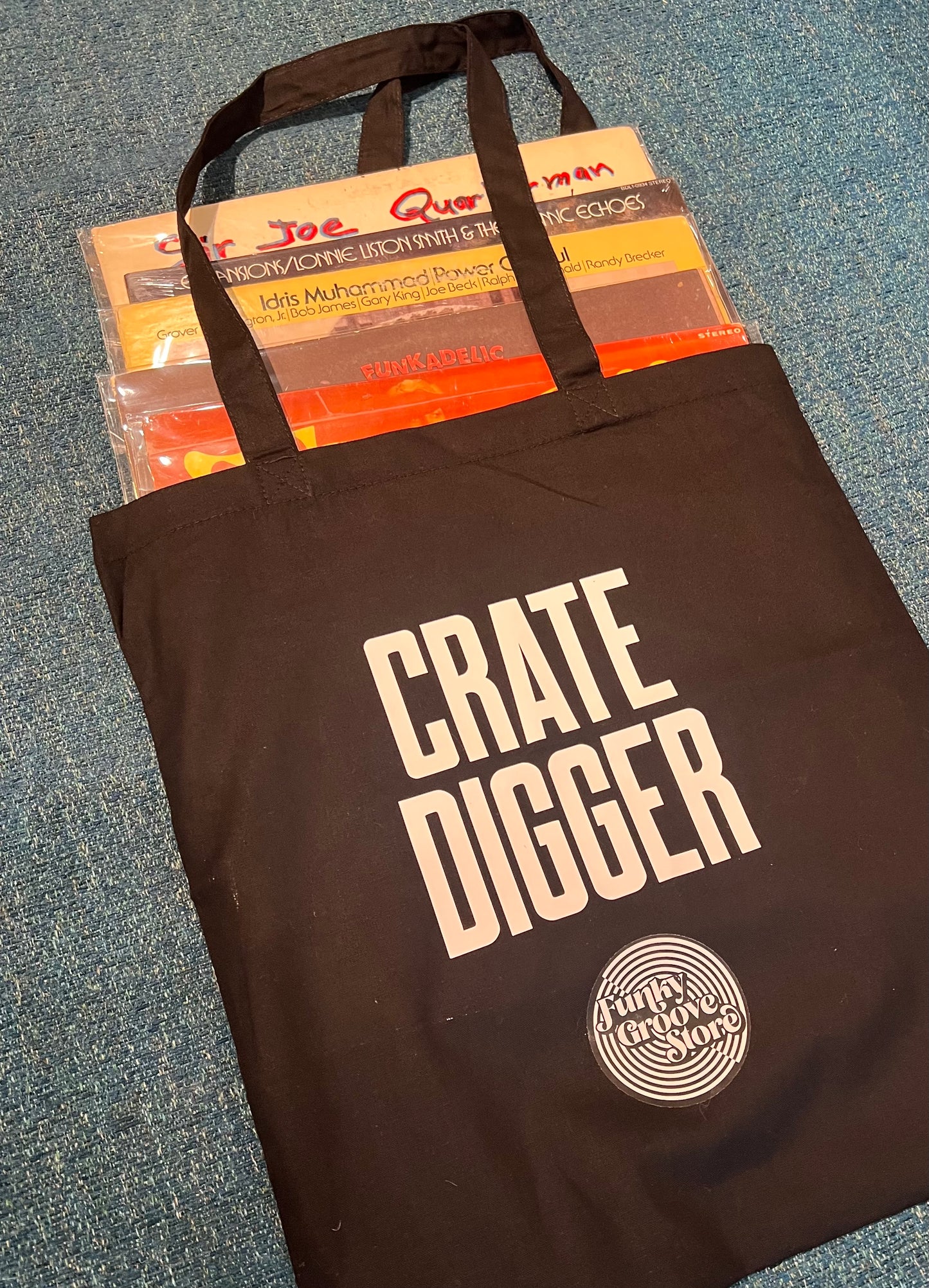 🌀 Funky Groove Store “CRATE DIGGER” Tote – Organic Cotton Bag for Vinyl Hunters