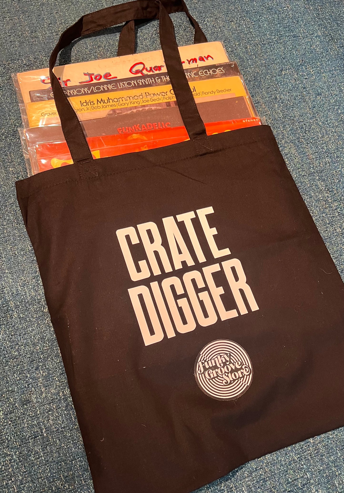 🌀 Funky Groove Store “CRATE DIGGER” Tote – Organic Cotton Bag for Vinyl Hunters
