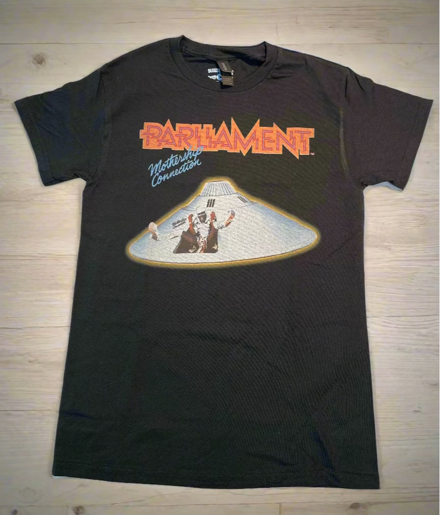 Black t-shirt with 'Parliament' and UFO graphic on a white background
