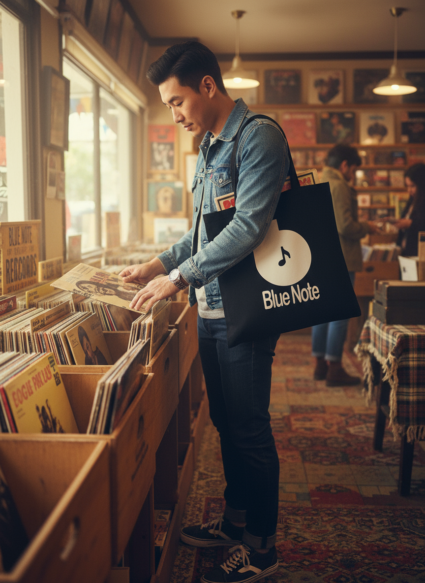 Blue Note Records Tote Bag - Asian Man Crate Digging