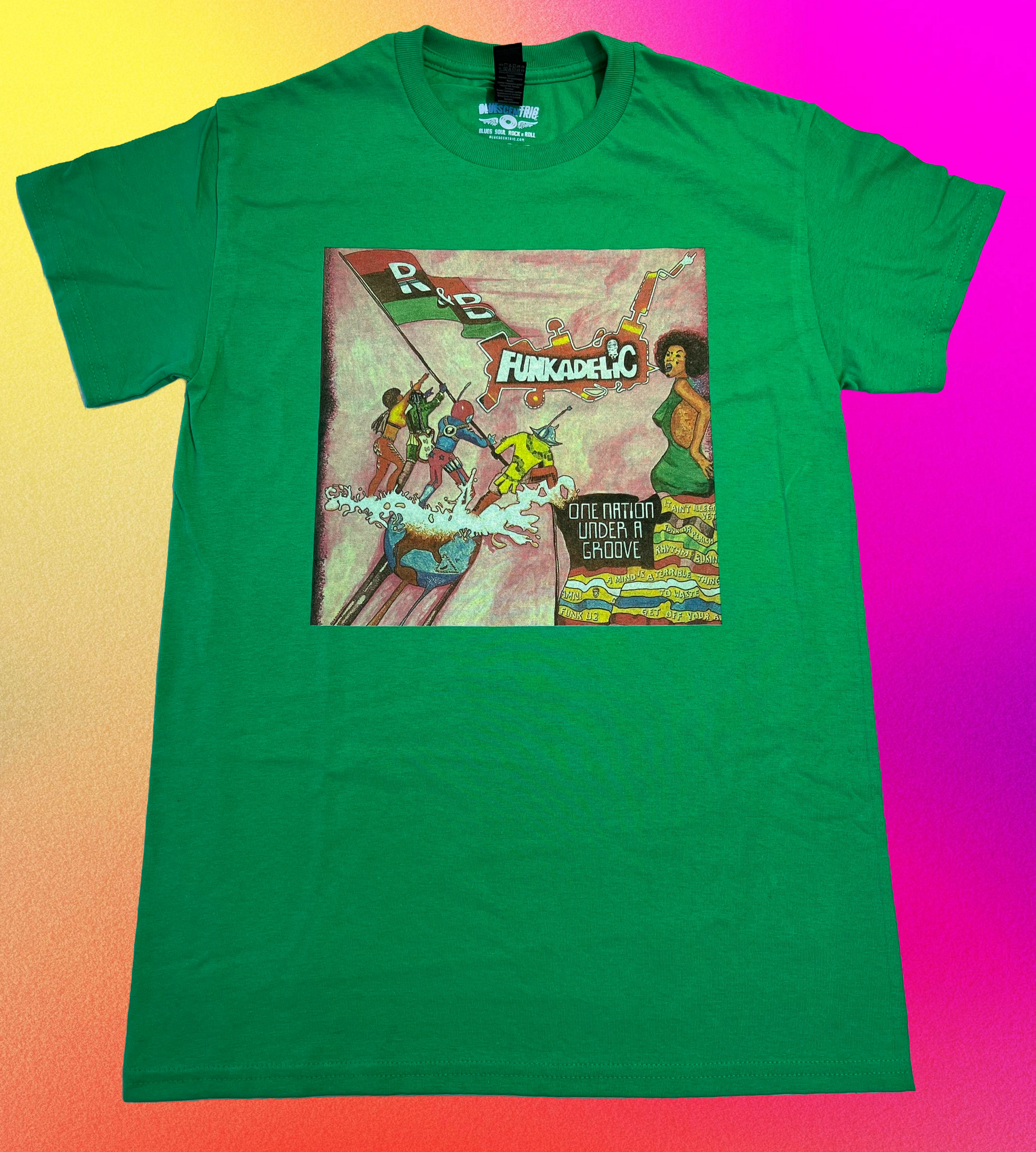 Green t-shirt with a colorful graphic design on a gradient background