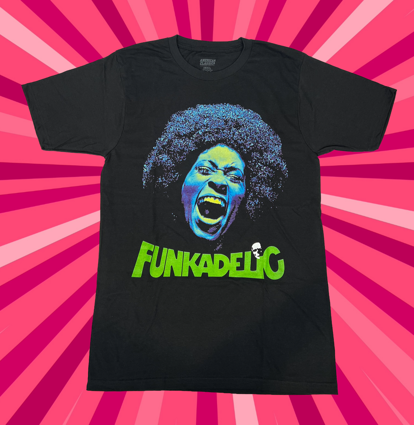 Black t-shirt with a colorful graphic and 'Funkadelic' text on a pink and red radial background