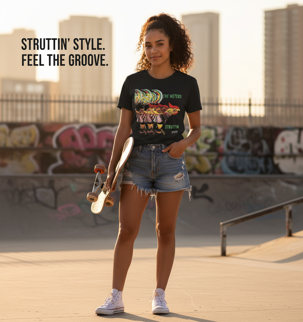 The Meters shirt with young Latina skateboarder