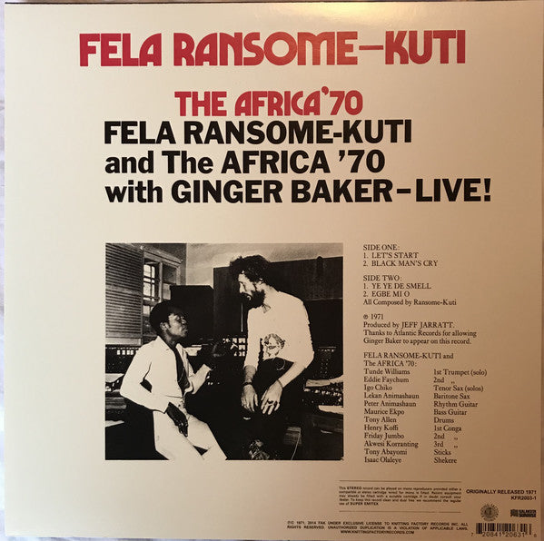 Fela Ransome-Kuti* And The Africa'70* With Ginger Baker : Live! (LP, Album, RE)