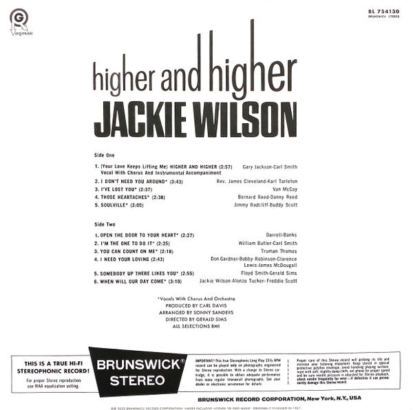 Jackie Wilson : Higher And Higher (LP, Album, RE)
