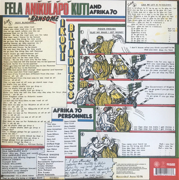 Fela Anikulapo Kuti* & Afrika 70* : Ikoyi Blindness (LP, Album, RE, Whi)