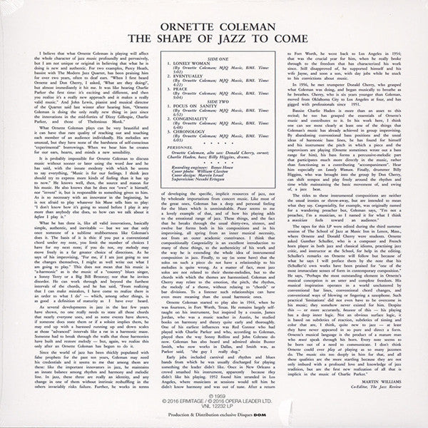 Ornette Coleman : The Shape Of Jazz To Come (LP, Album, RE, 180)