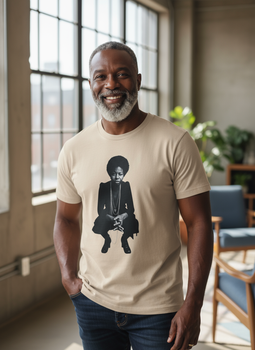 Advertisement for Nina Simone T-Shirt with older Black man