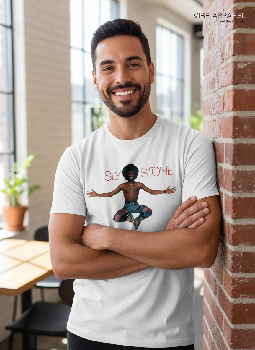 Advertisement for Sly Stone T-Shirt with Latino man