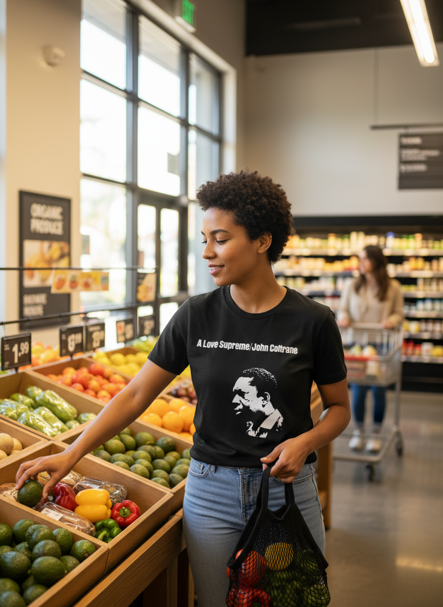 John Coltrane shirt - supermarket lifestyle ad