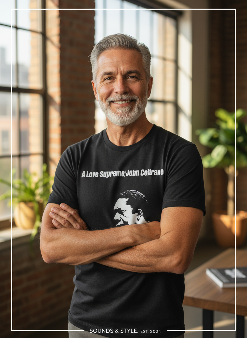 John Coltrane shirt with older Latino man